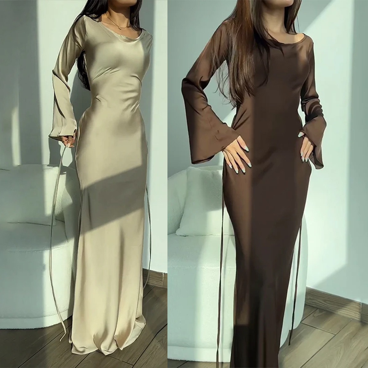 Women's Round Neck Long Sleeve Tie Waist Solid Color Maxi Dress