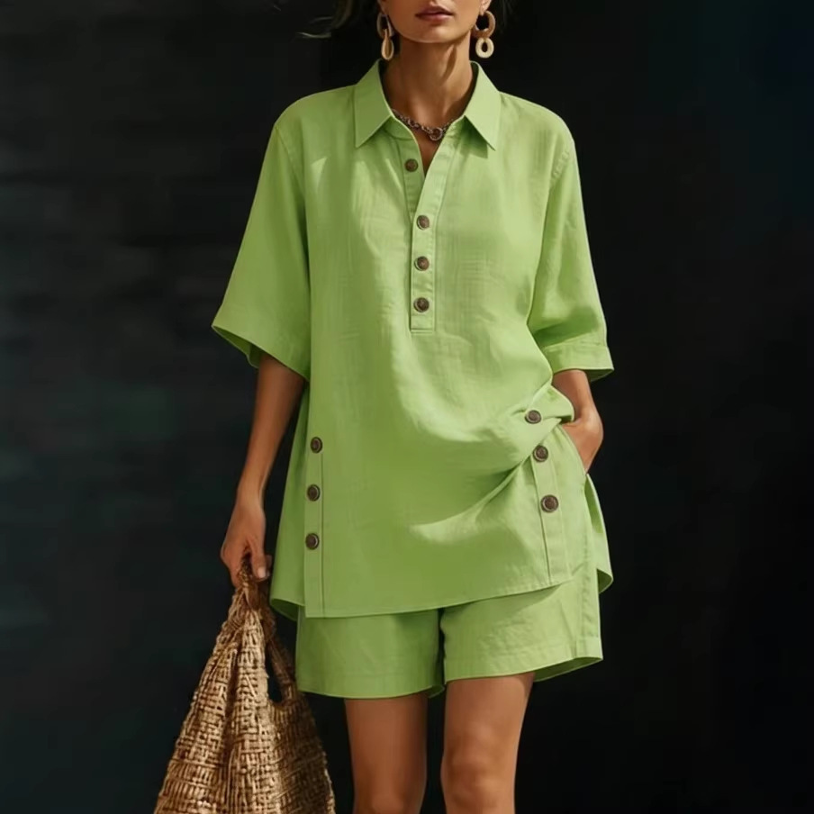 Women's Linen-Blend Shirt and Shorts Set Casual Loose Button-Down Two-Piece