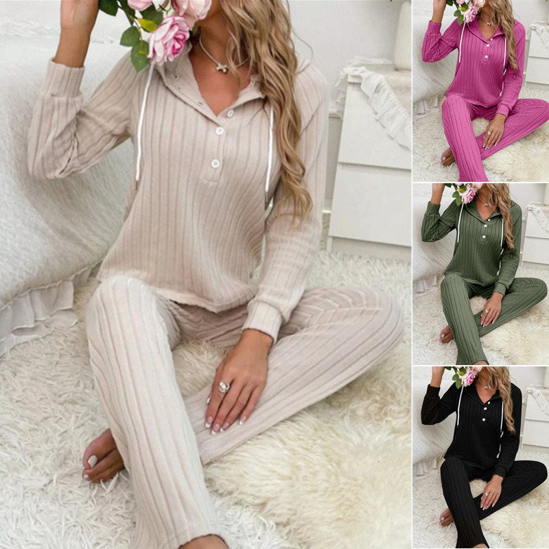 Women's Ribbed Brushed Long-Sleeve Hooded Button T-Shirt and Pants Loungewear Set