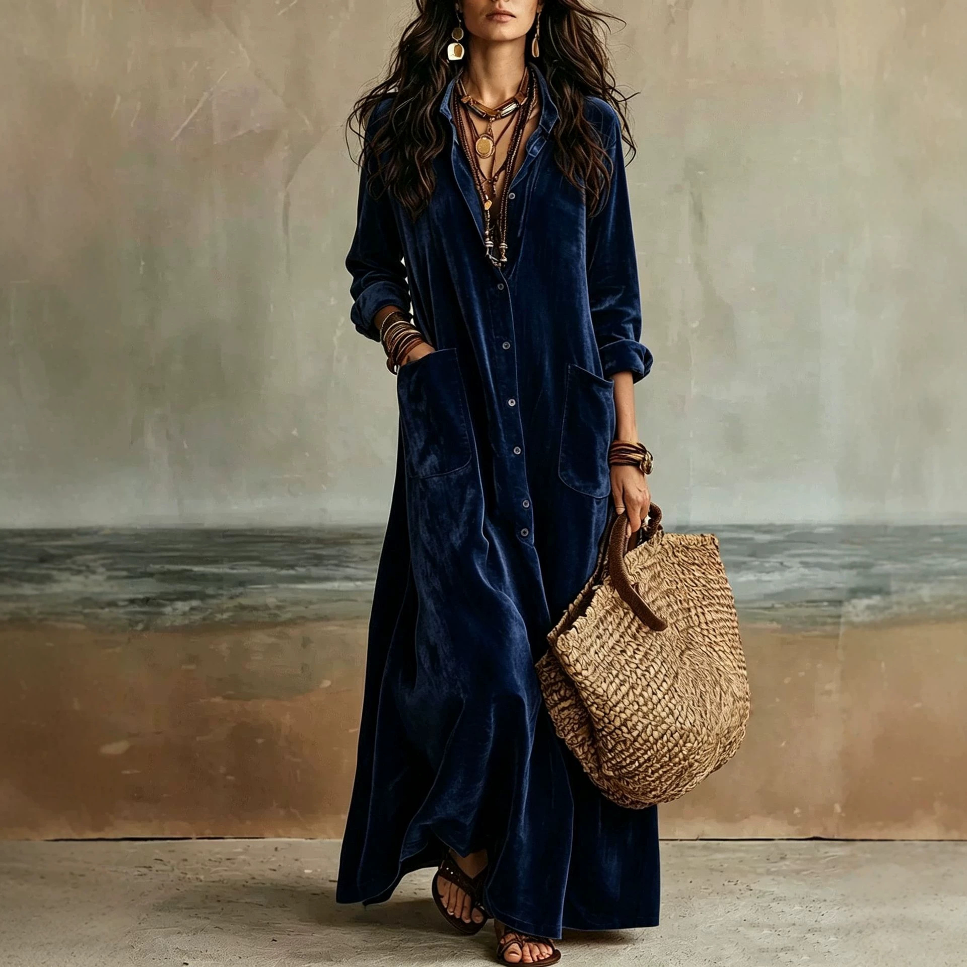 Boho Velvet Long Shirt Dress Solid Color Loose Fit