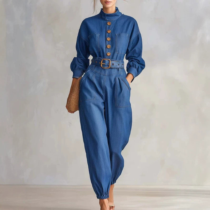 Retro Denim Long-Sleeve Rolled-Cuff Jumpsuit