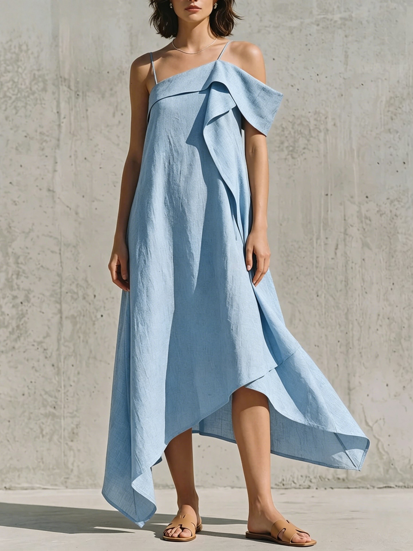 Asymmetric One-Shoulder Linen-Blend Dress with Irregular Hem