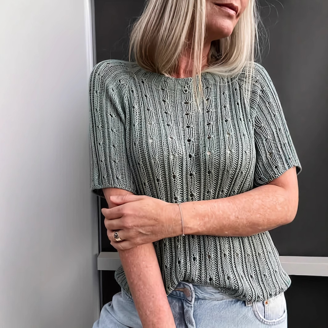 Women's Hollow Out Mesh Knit Short Sleeve T-Shirt Breathable Crew Neck Green