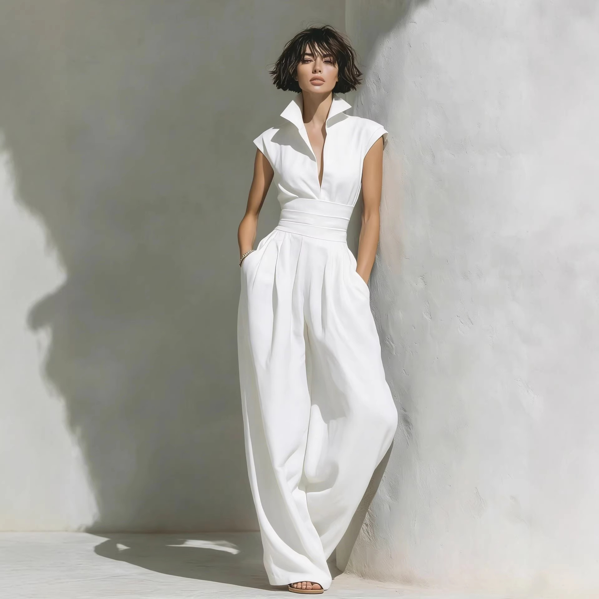 Women's Sleeveless V-Neck Solid Midi Dress with Waist