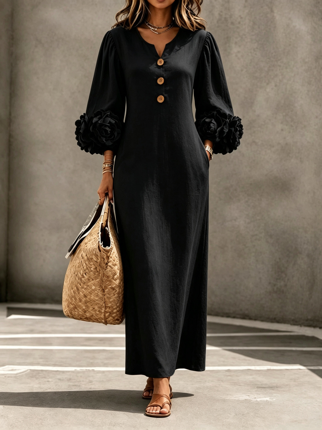 V-Neck 3D Floral Lantern Sleeve A-Line Maxi Dress