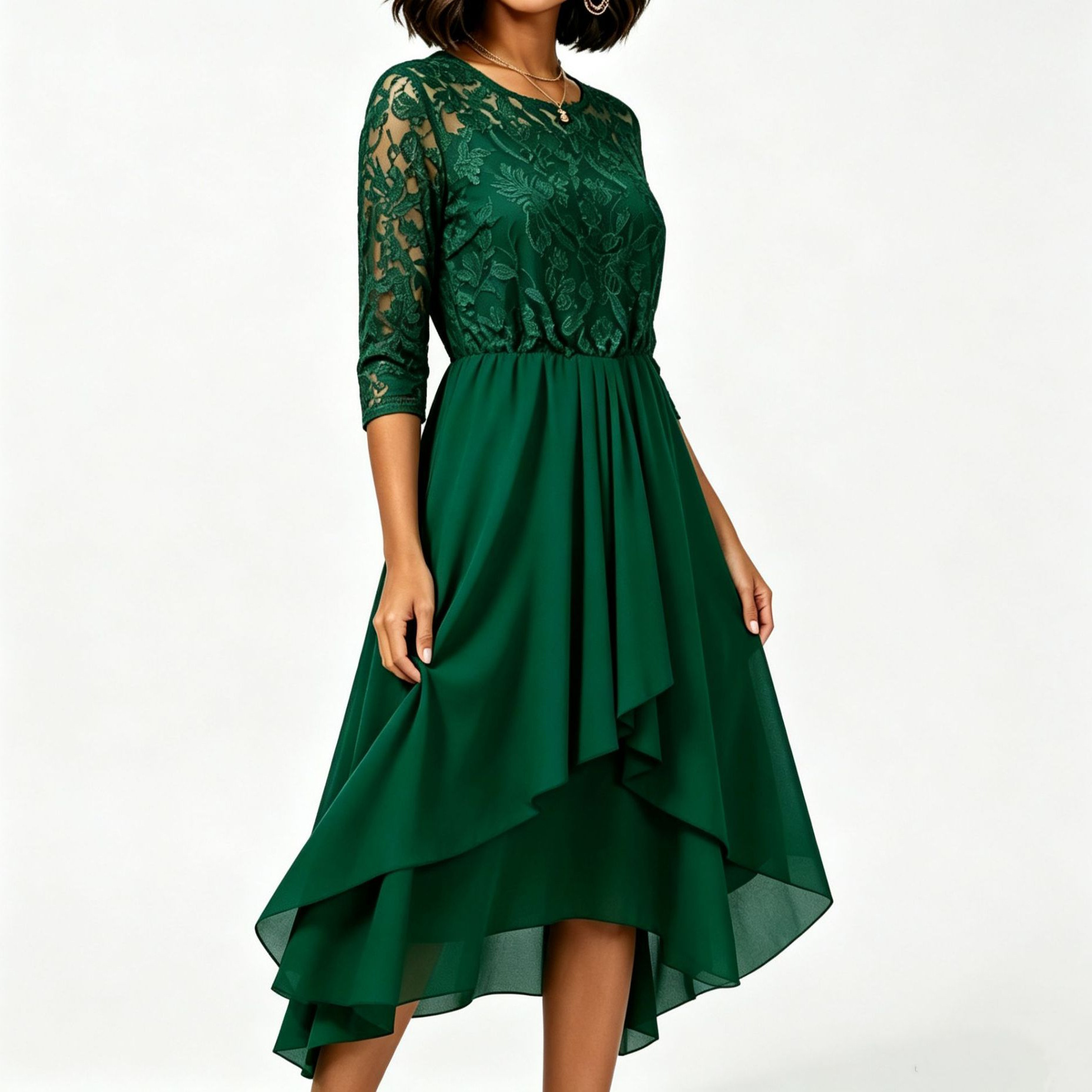 Women's Summer Lace Chiffon Round Neck Asymmetrical Hem Dress