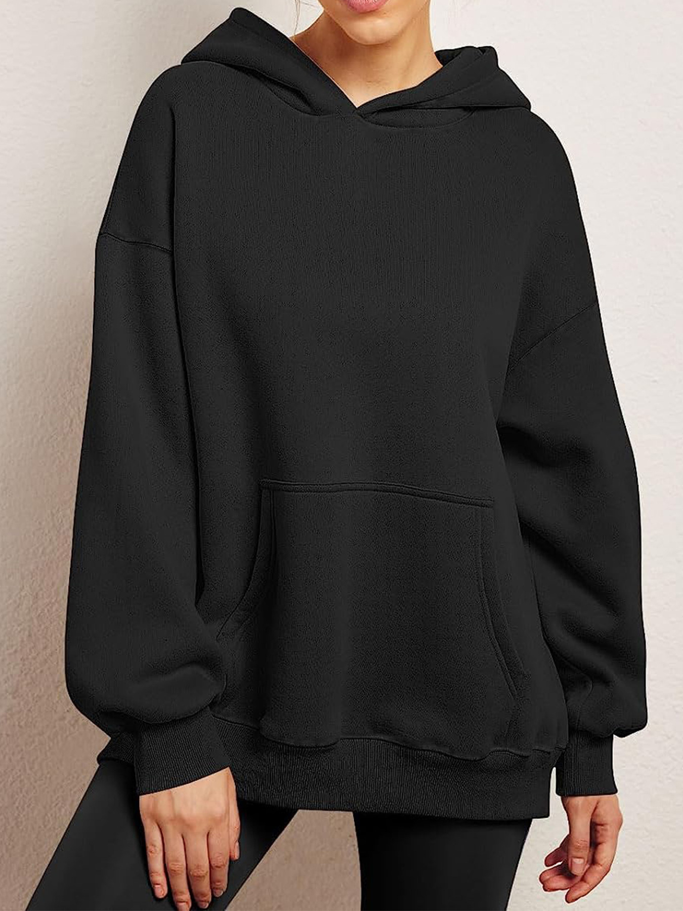 Women's Fleece-Lined Hooded Sweatshirt, Cotton Blend, Loose Fit, Solid Color