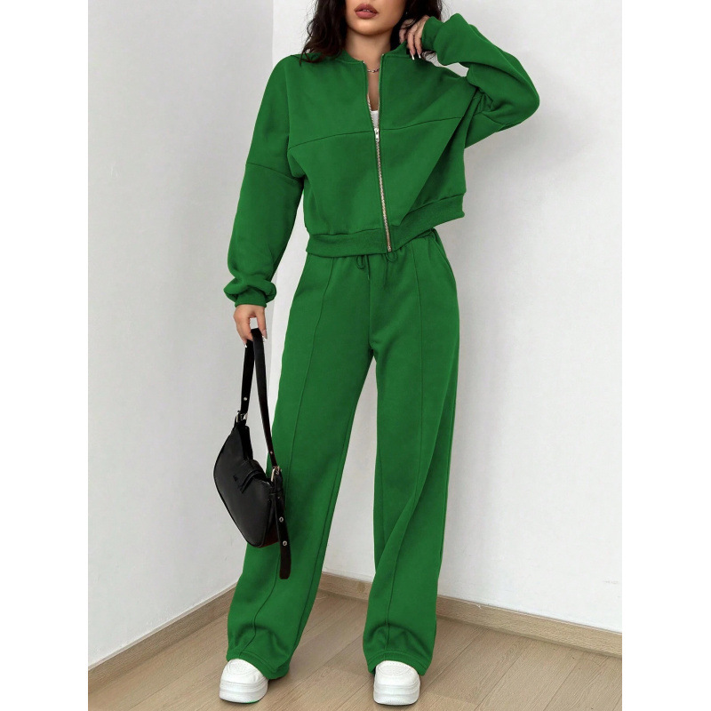 Women's Solid Color Zip-Up Long Sleeve Top and Drawstring Pants Set