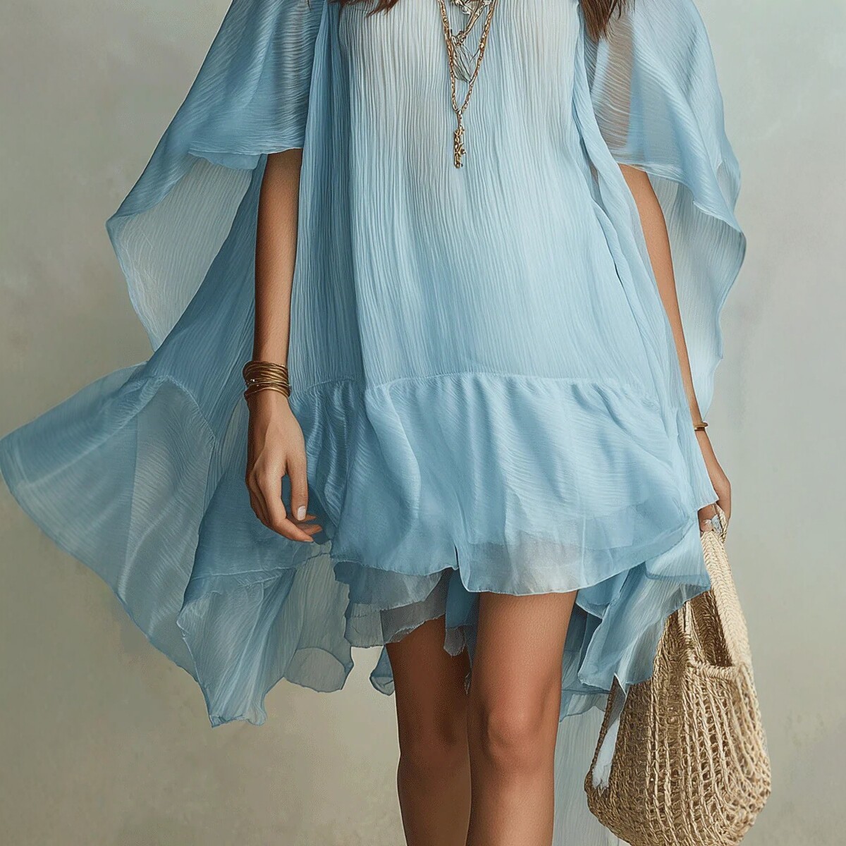 Boho Light Blue Ruched Ruffle Asymmetric Short Dress