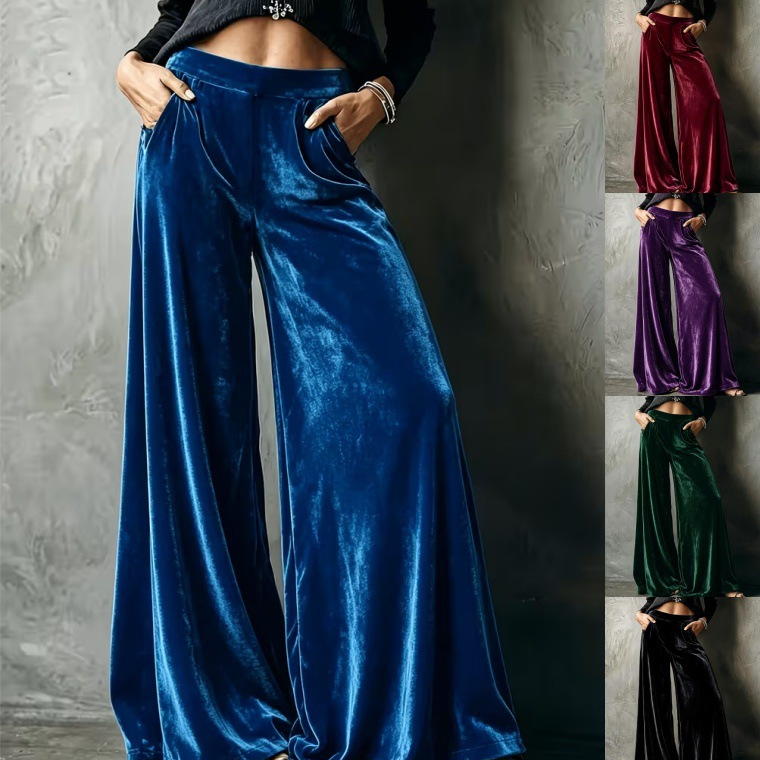 Solid Velvet High-Waist Wide-Leg Pants with Pockets