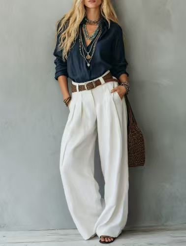 Women's Cotton-Linen Long-Sleeve Casual Pants Set with Shirt, Color-Block, No Belt