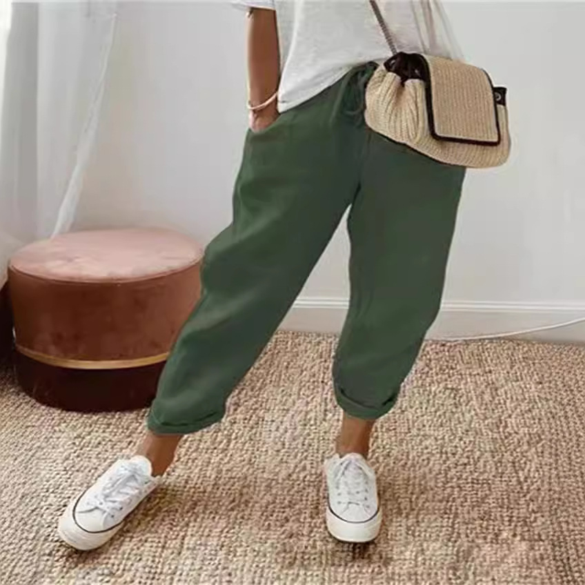 Women's Pure Cotton Elastic Waist Cropped Pants with Pockets