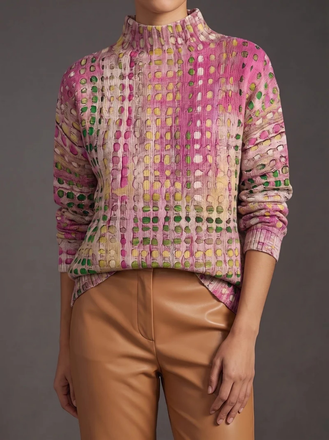 Women's Floral Polka Dot Print Turtleneck Casual Sweater