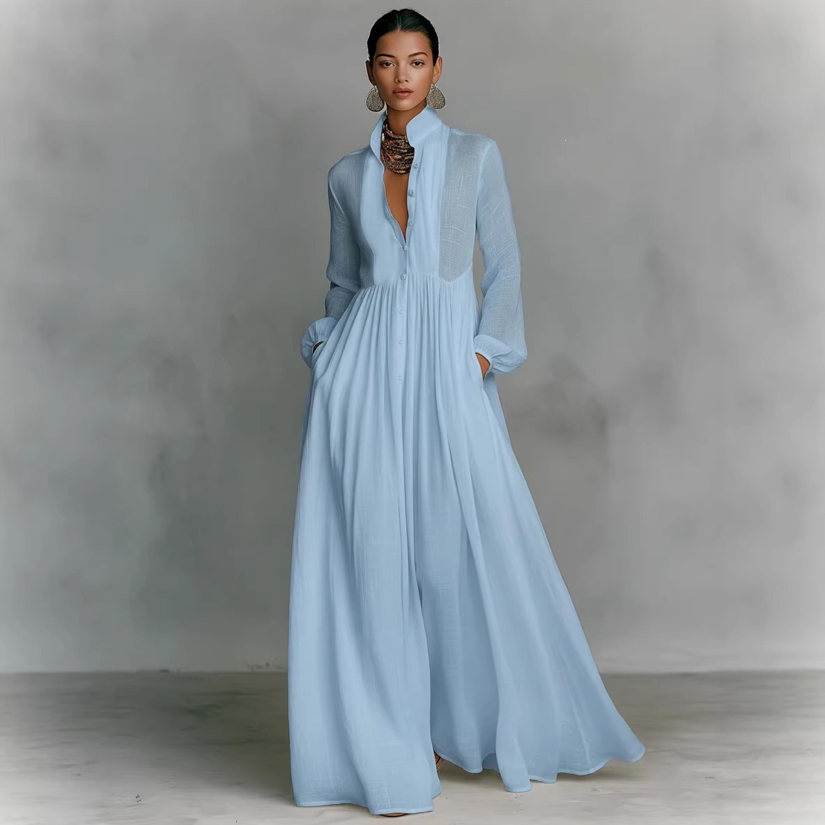 Women's Pleated Long Sleeve A-Line Maxi Dress