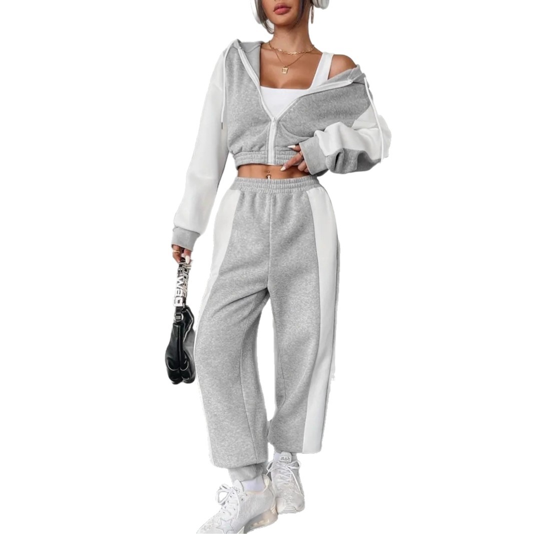 Women's Color-Block Long-Sleeve Hoodie & High-Waist Pants Two-Piece Set