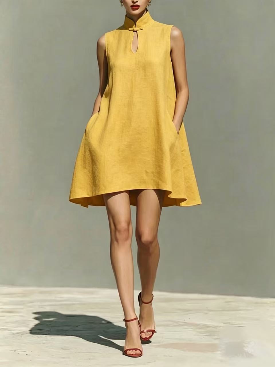 Sleeveless Linen Butterfly-Buckle A-Line Dress