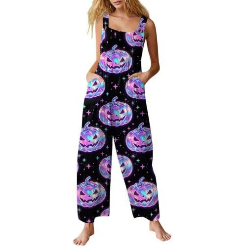 Women's Halloween Pumpkin Cat Print Sleeveless Jumpsuit Casual