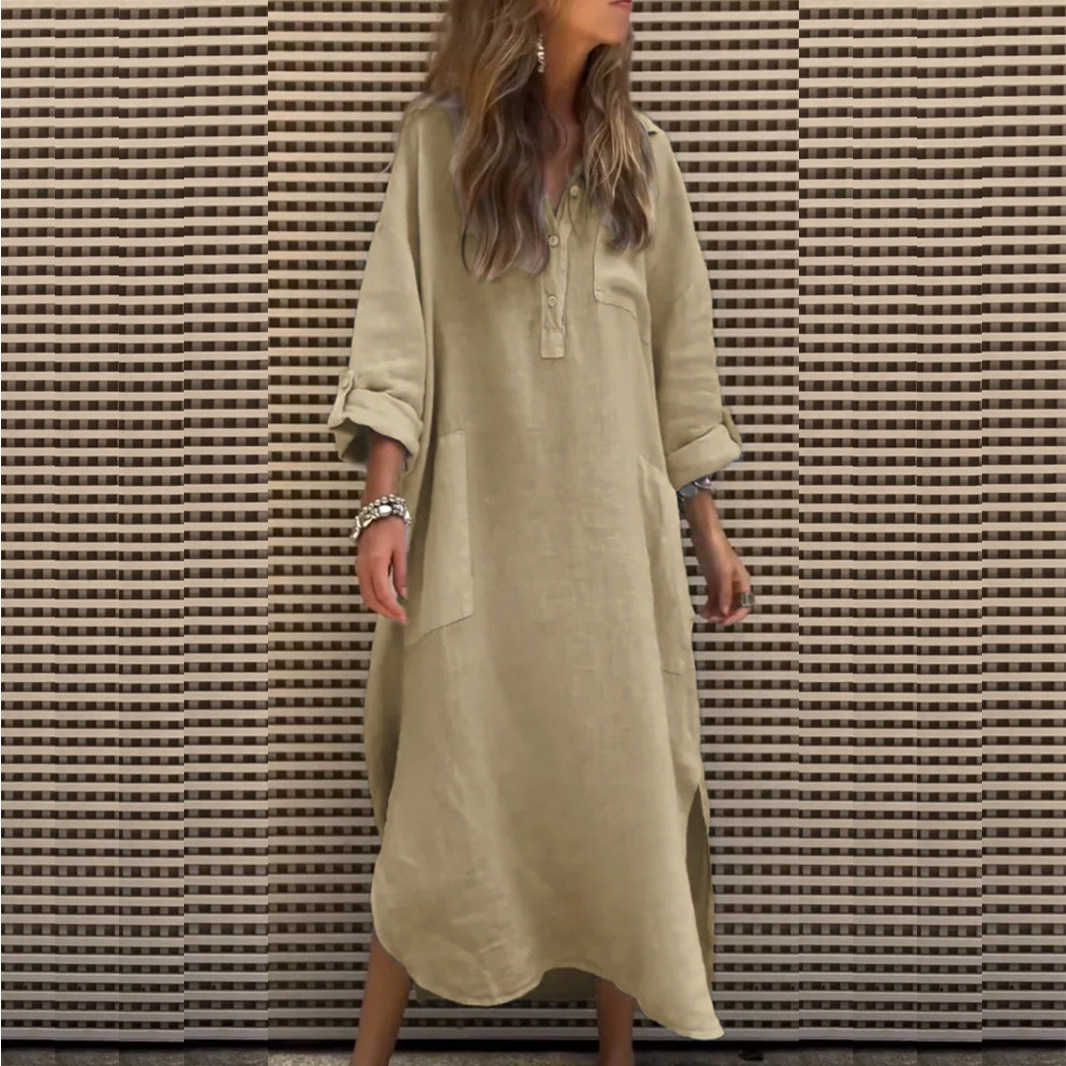 Women's Summer Slit Shirt Dress Solid Color Button-Down Midi Dress