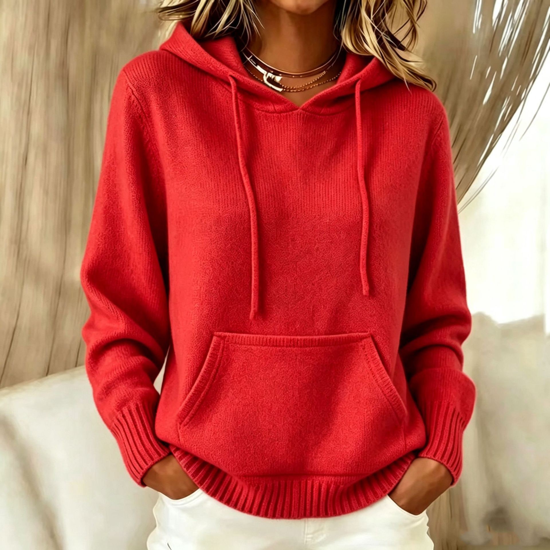 Women's Casual Hooded Drawstring Pocket Knit Sweatshirt Sweater Loose Fit