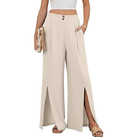 Women's High-Waist Wide-Leg Solid Casual Pants with Elastic Waist