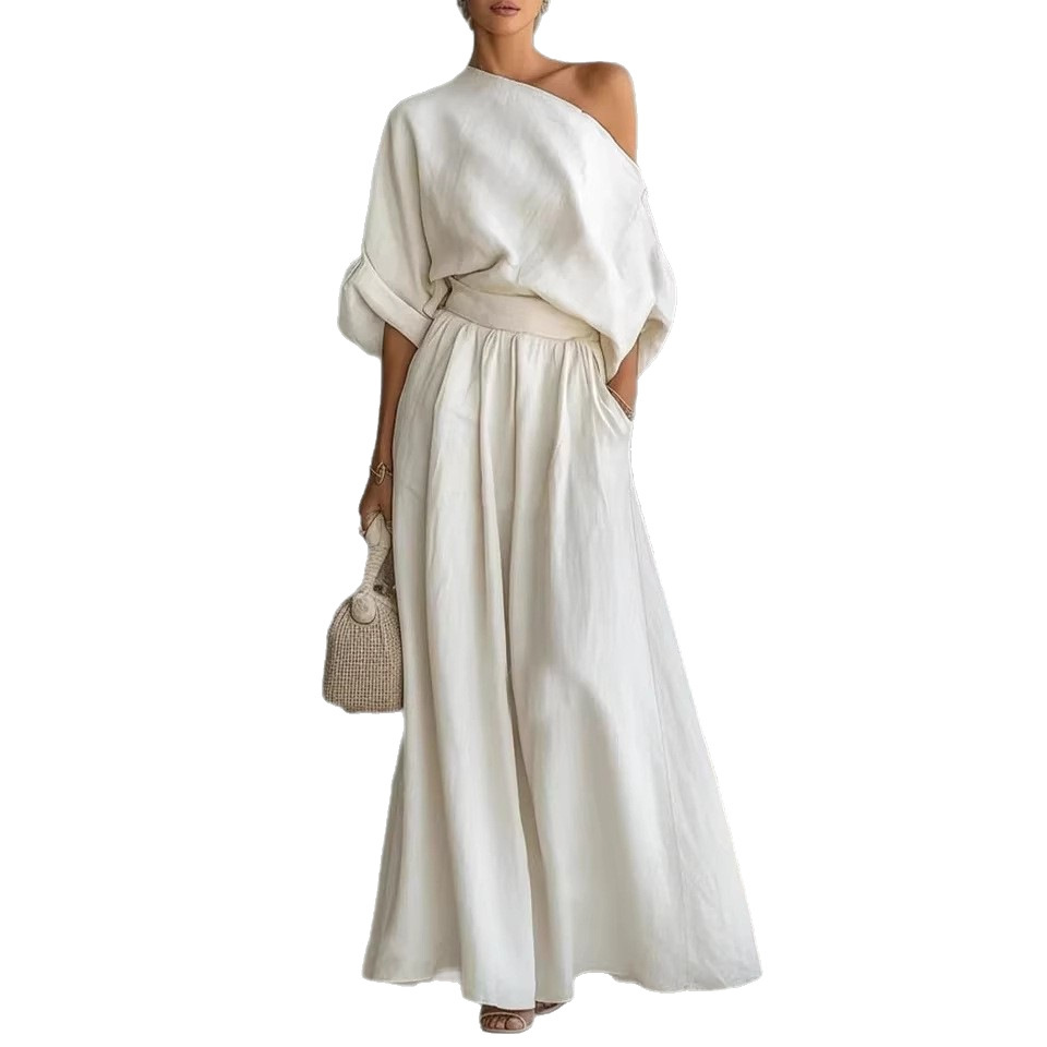 Elegant One-Shoulder Waist-Cinching Top and Skirt Two-Piece Set