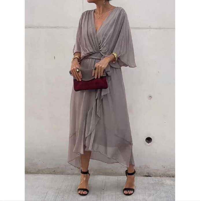 Women's Solid Color Tie-Waist Batwing Sleeve Irregular Long Dress Plus Size