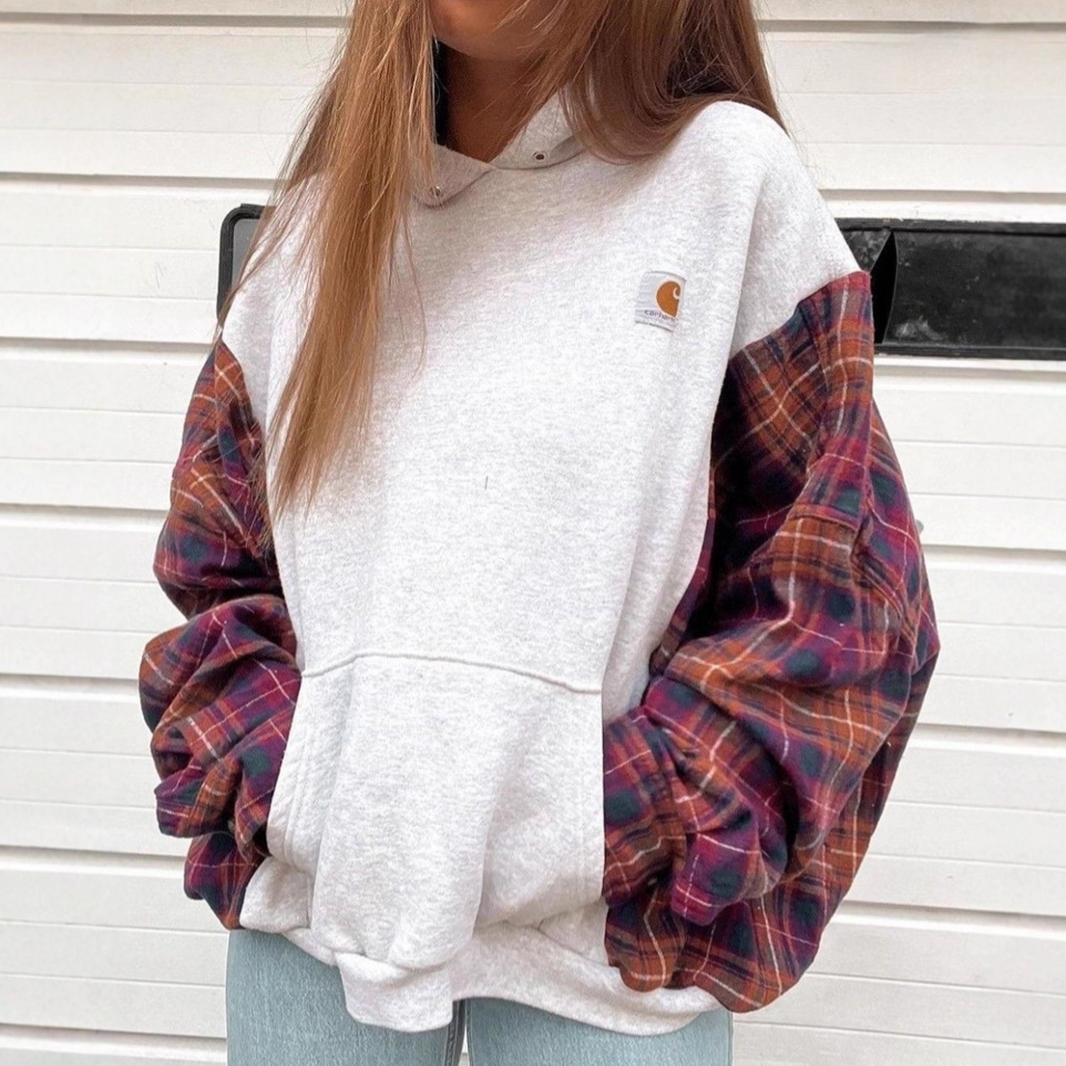 Women's Color-Block Plaid Hooded Pullover Sweatshirt with Pockets