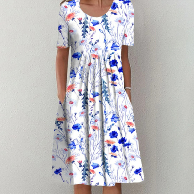 Elegant Floral Print Round Neck Short Sleeve A-Line Dress