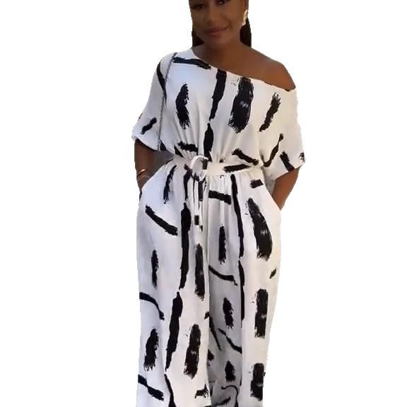 Women's Plus Size Off-Shoulder Printed Short-Sleeve Jumpsuit