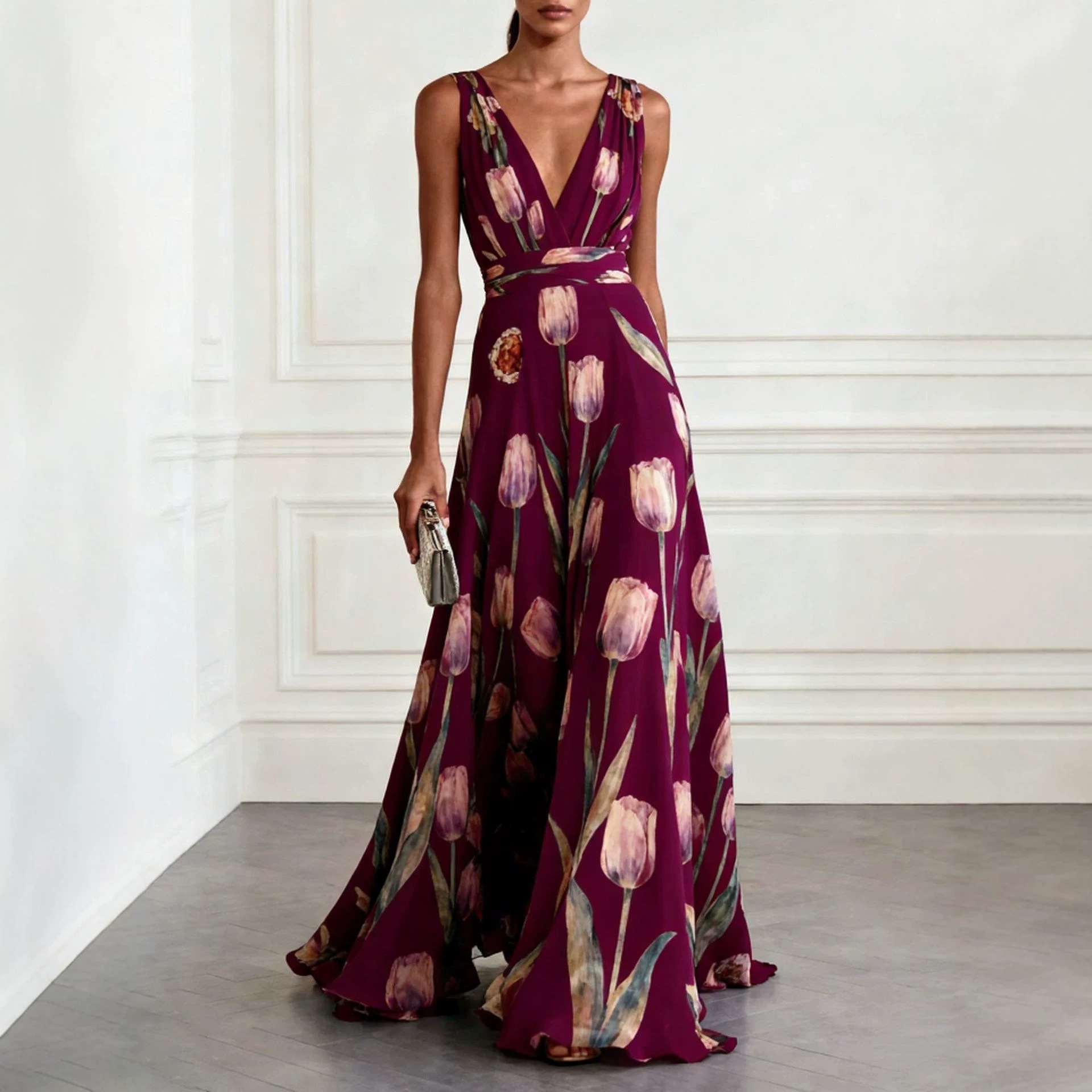 Tulip Print Sleeveless V-Neck A-Line Maxi Dress