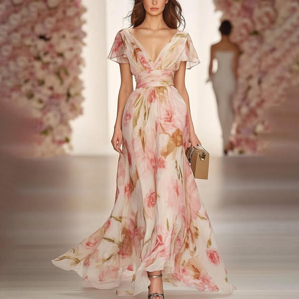 Women's Short Sleeve V-Neck Digital Print Long Dress with Elastic Waist