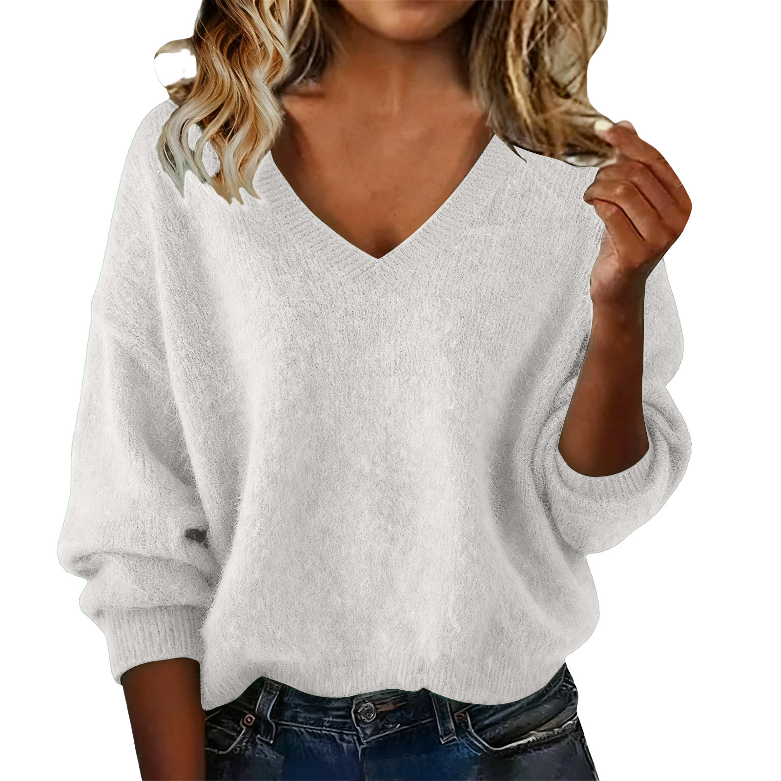 Women's Loose Knit V-Neck Sweater Solid Color Long Sleeve Pullover