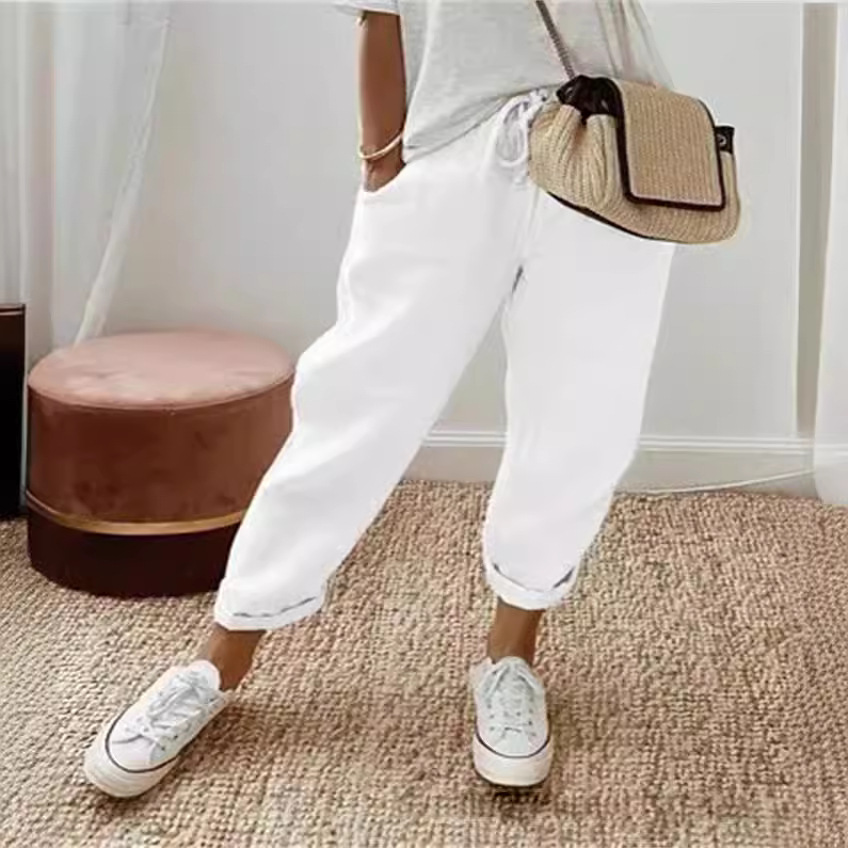 Women's Cotton Pants with Pockets Elastic Waist Relaxed Fit