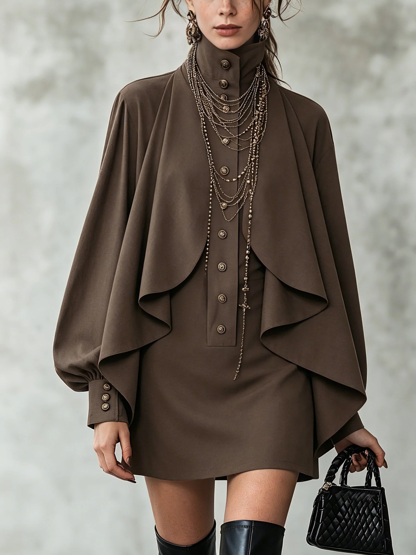 Dark Brown Stand-Collar Cape-Sleeve Shirt Dress with Metal Buttons, Bodycon Mini