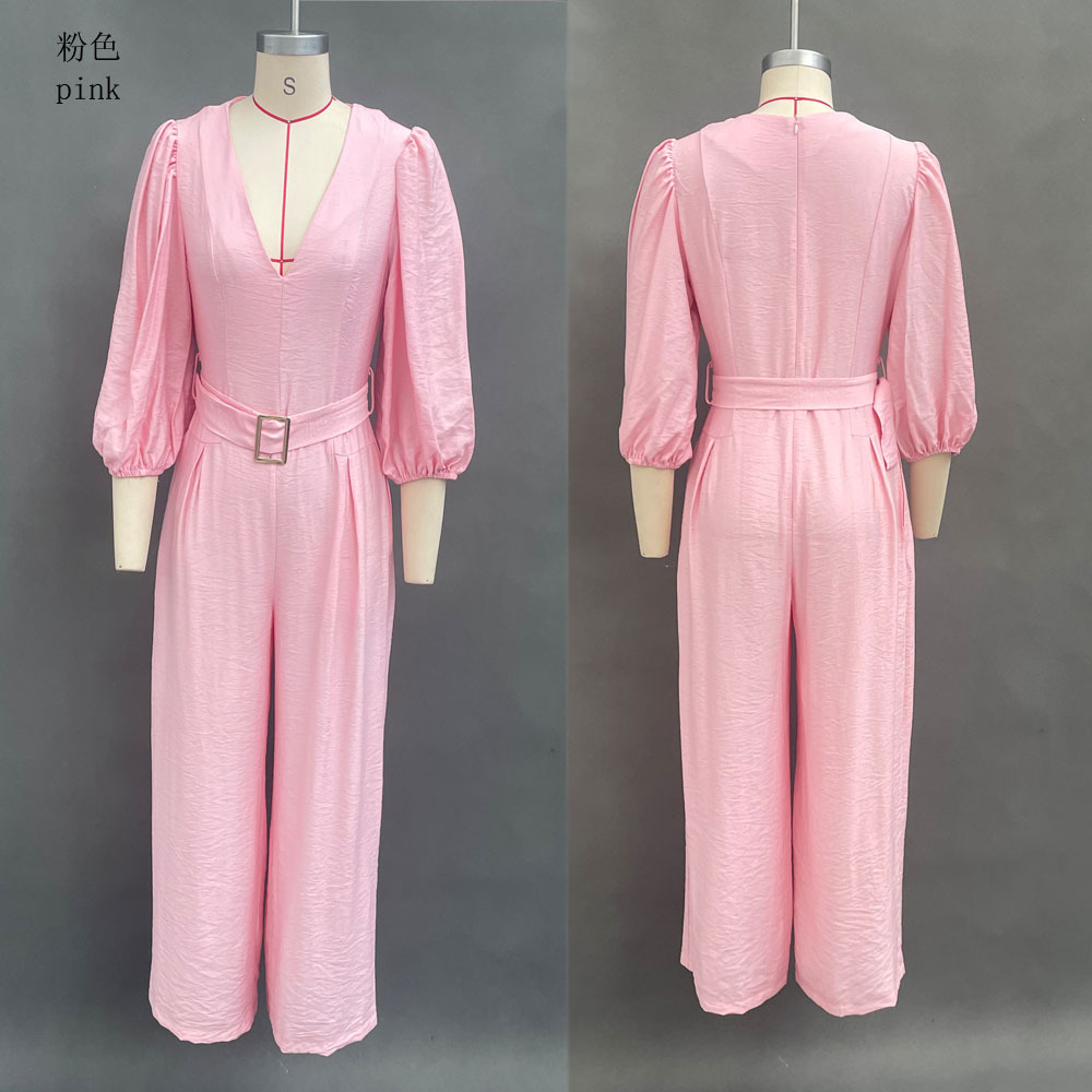 Women's Casual Solid Deep V-Neck Loose Jumpsuit