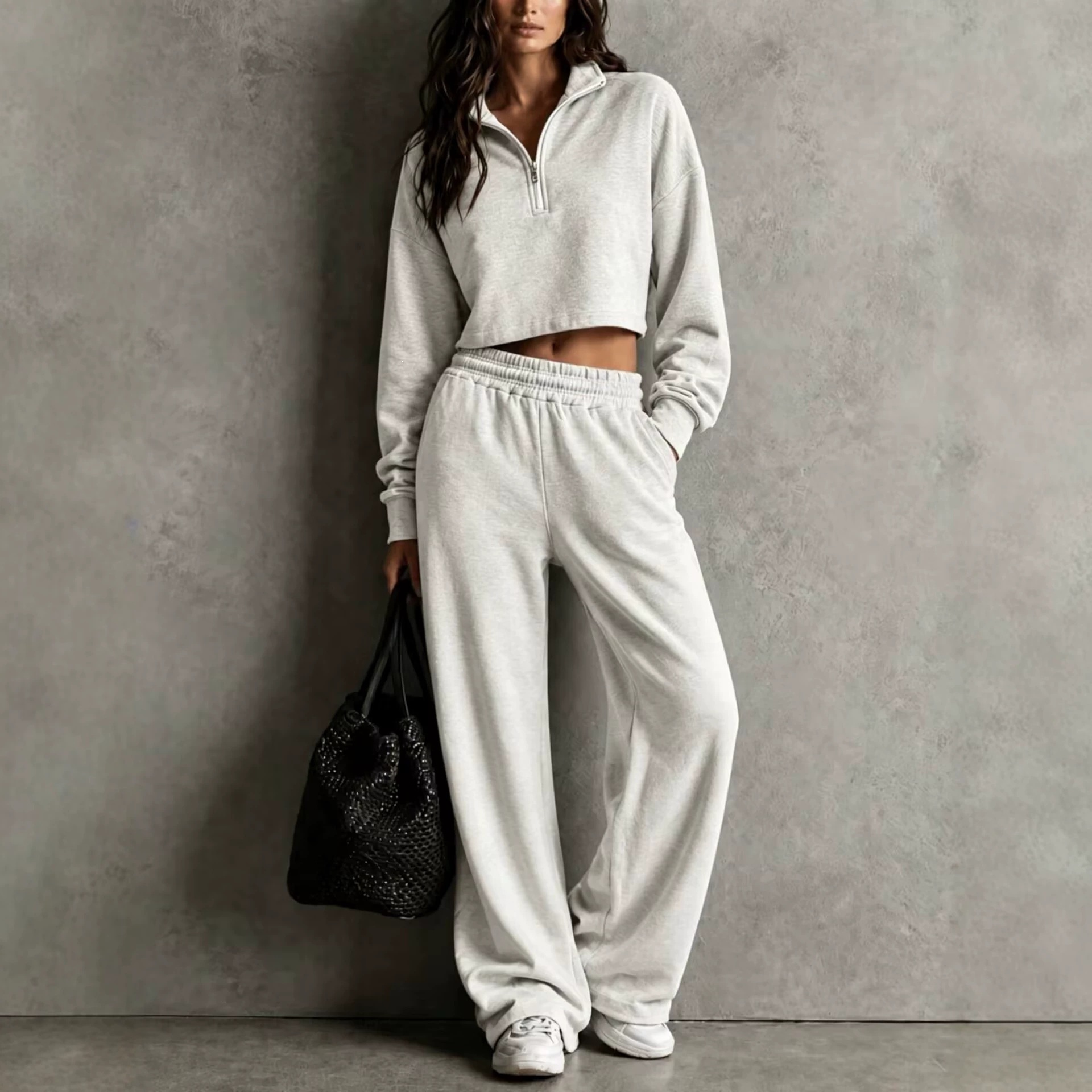 2026 Women's Fall/Winter New Half-Zip Loose Top Wide-Leg Pants Set Casual Sporty Two-Piece