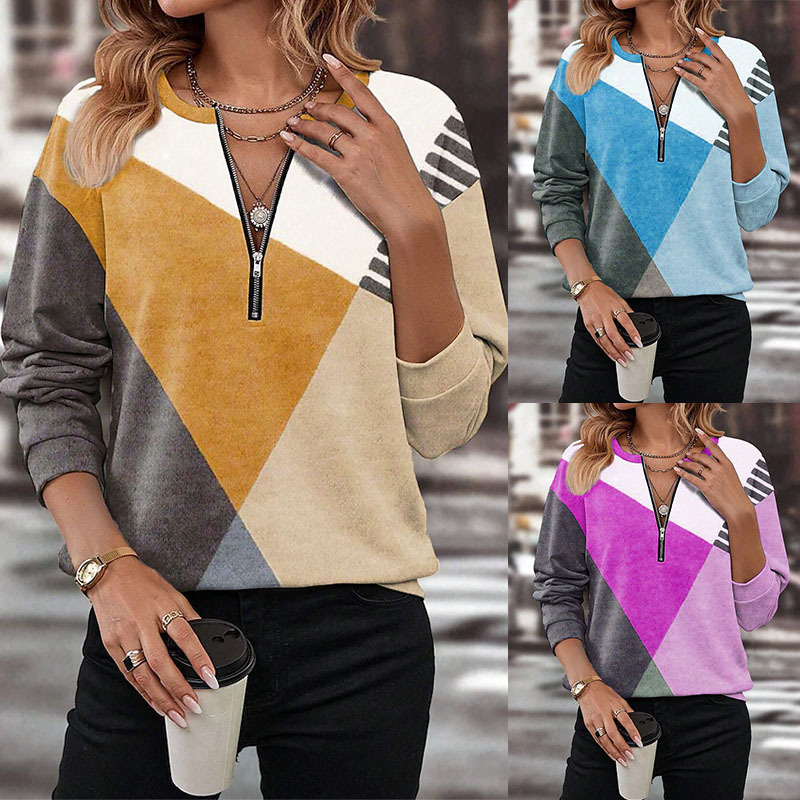 Color-Block Loose Zip-Up Long-Sleeve V-Neck Sweatshirt