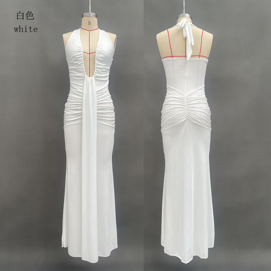Elegant Solid Halter Deep V Mermaid Maxi Dress with Open Back and Sash