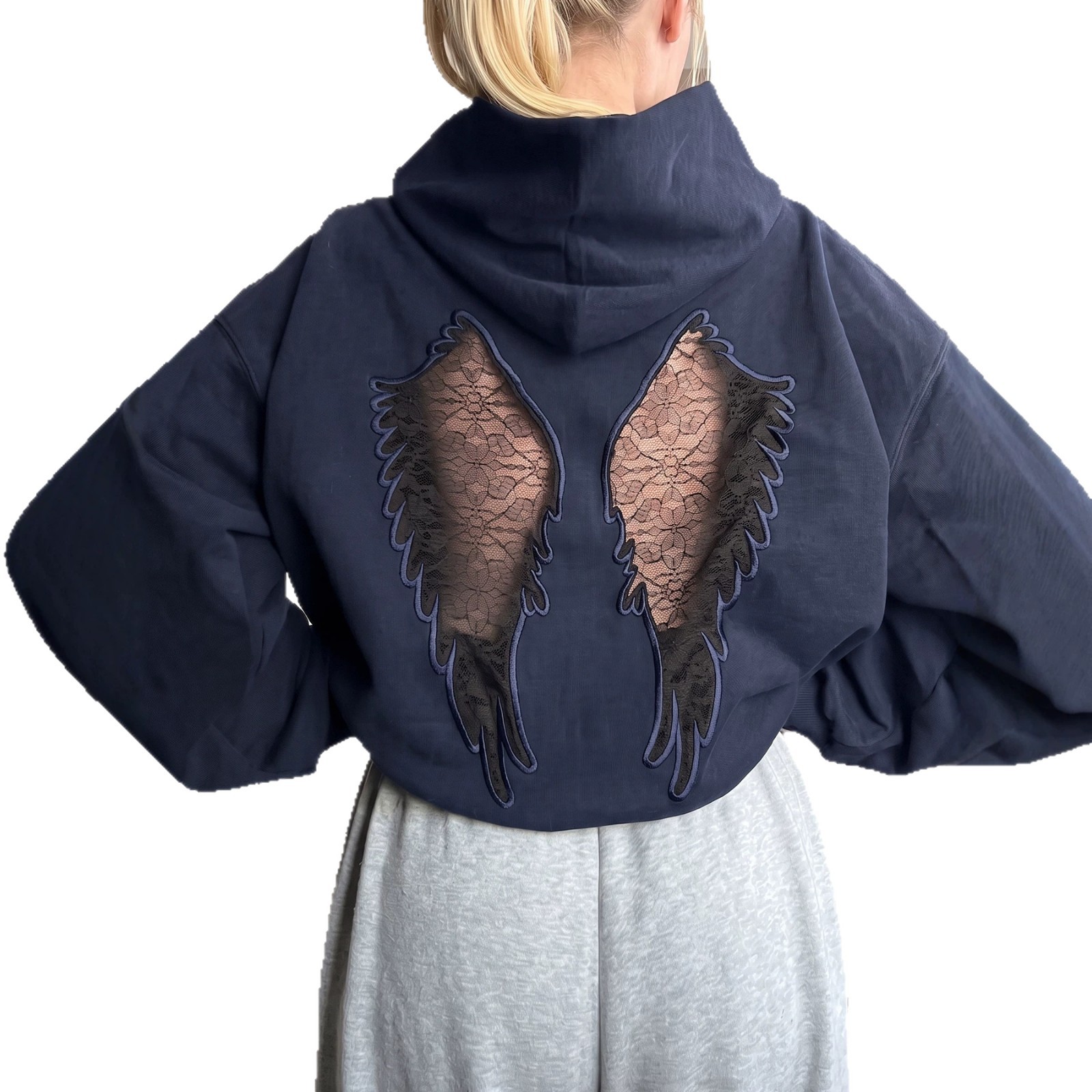 Women's Casual Hooded Cutout Embroidered Wing Long-Sleeve Sweatshirt