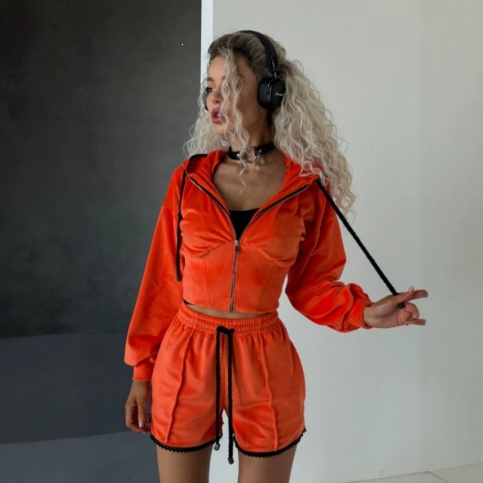 Velvet Colorblock Long-Sleeve Cardigan & Shorts Two-Piece Set