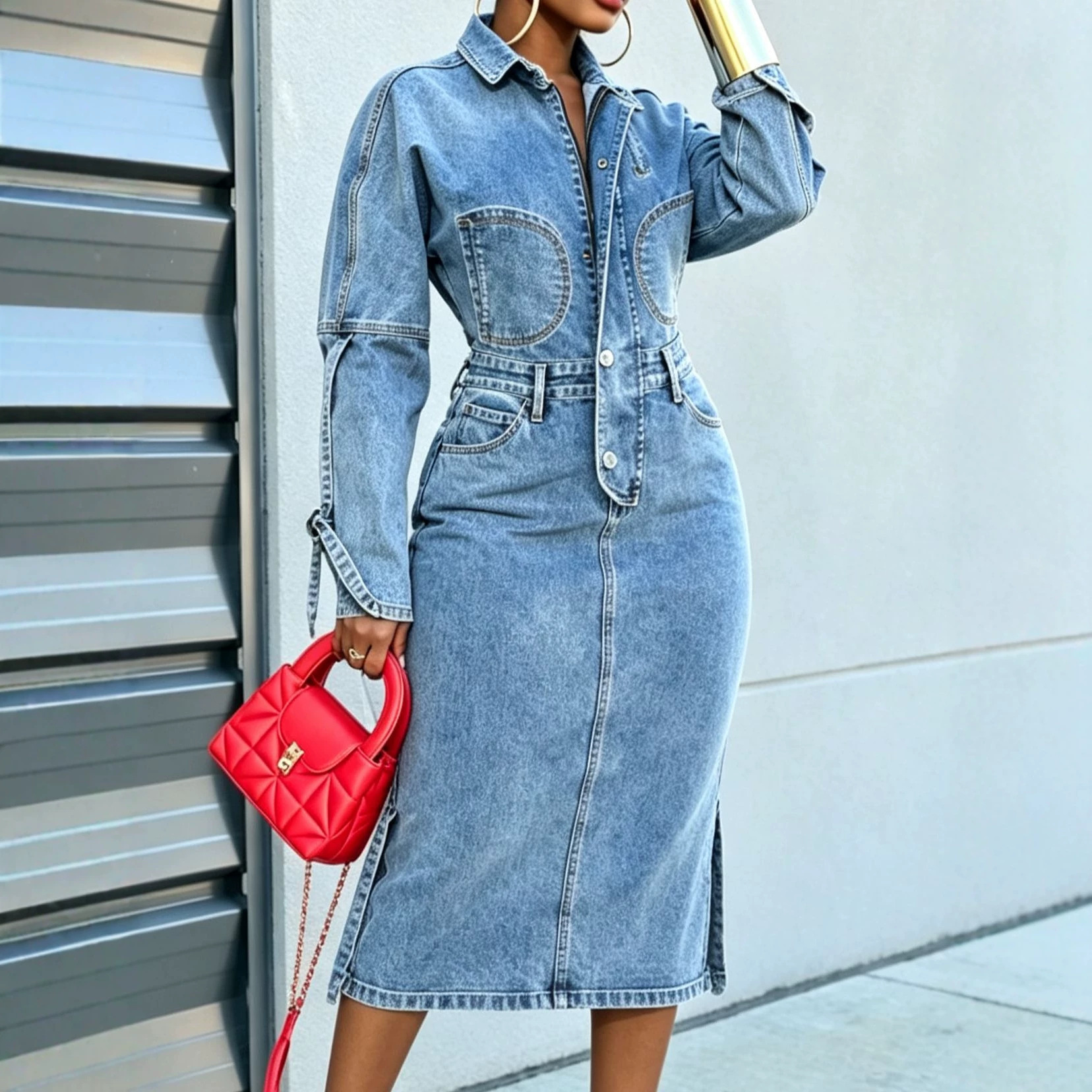 Women's Loose Denim Maxi Dress High Waist A-Line Polo Neck Long Sleeve