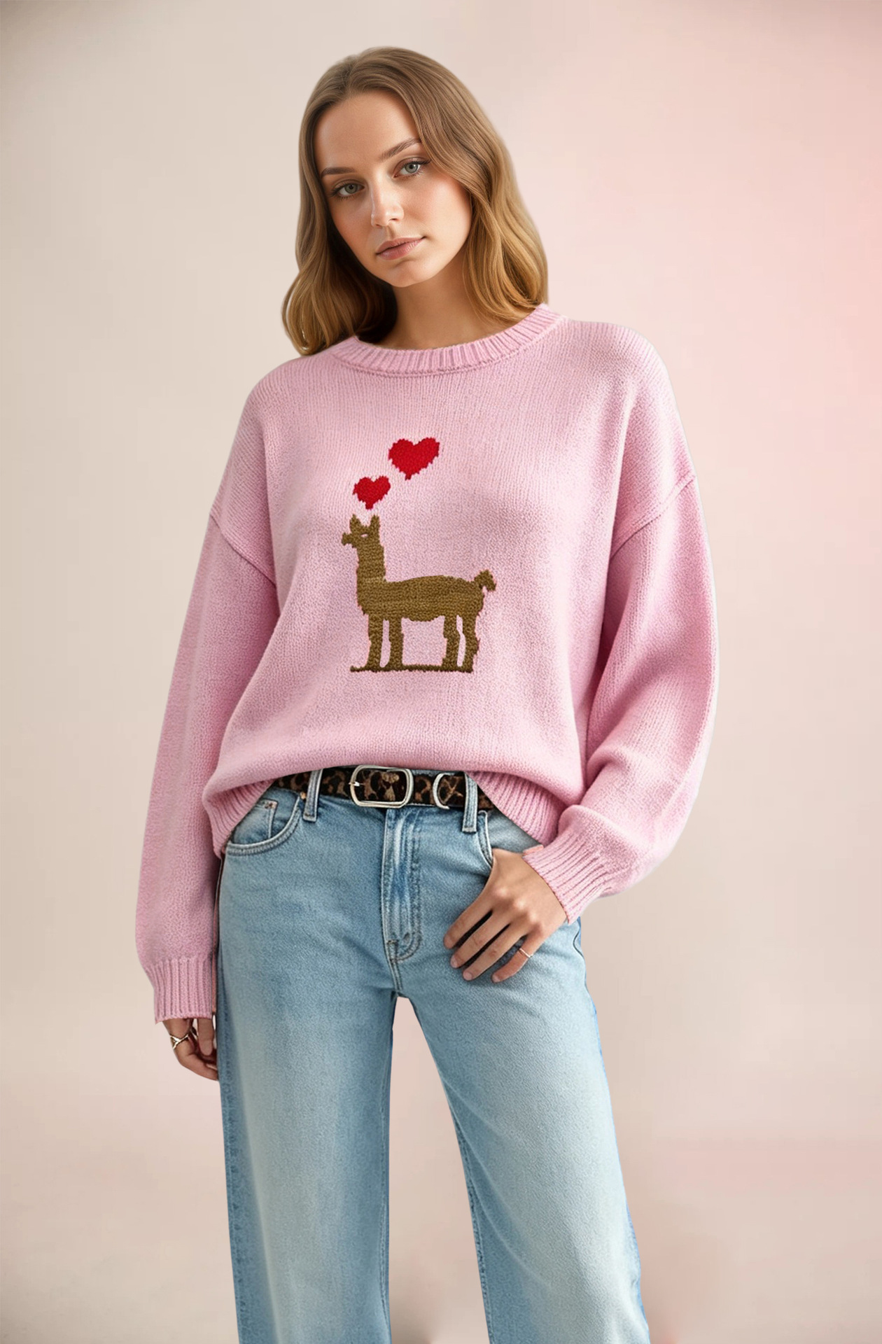 Heart Colorblock Crewneck Pullover Knit Sweater