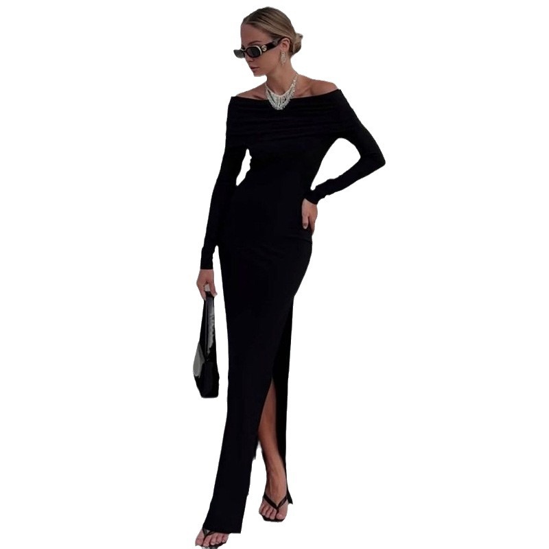 Elegant Off-Shoulder Long-Sleeve Slit Maxi Dress