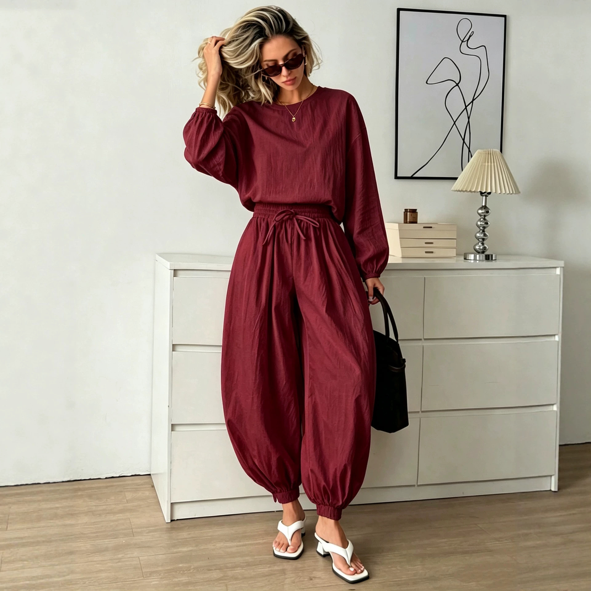 Women's Solid Color Round Neck Loose Sleeve Top and Wide-Leg Pants Two-Piece Set