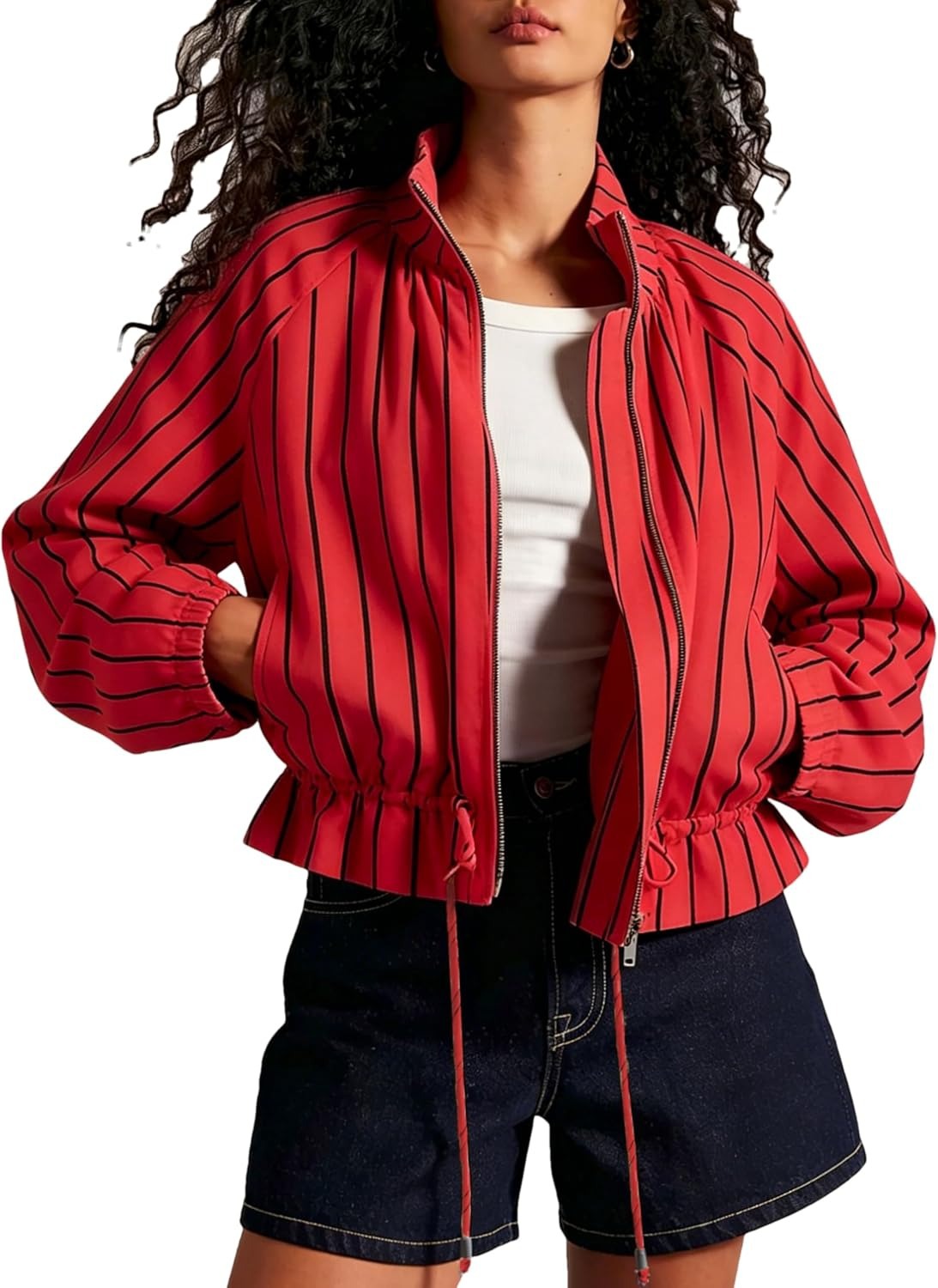 Women's Striped Long Jacket with Lantern Sleeves, Drawstring Waist, Zip Front, Pockets