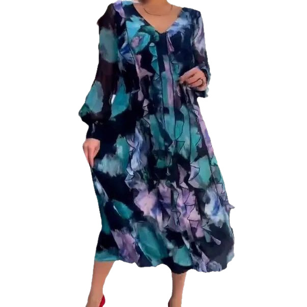Printed V-Neck Long Sleeve A-Line Maxi Dress