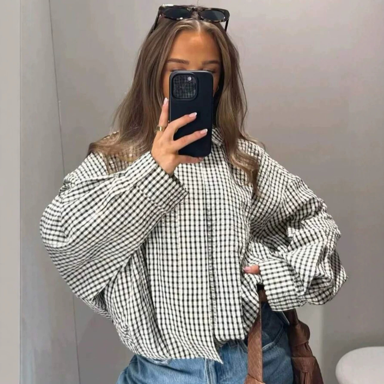 Women's Casual Plaid Zip-Up Jacket with Stand Collar and Long Sleeves