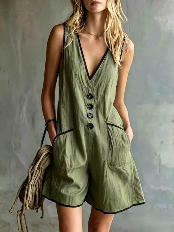Women's Casual Loose Button Sleeveless Romper
