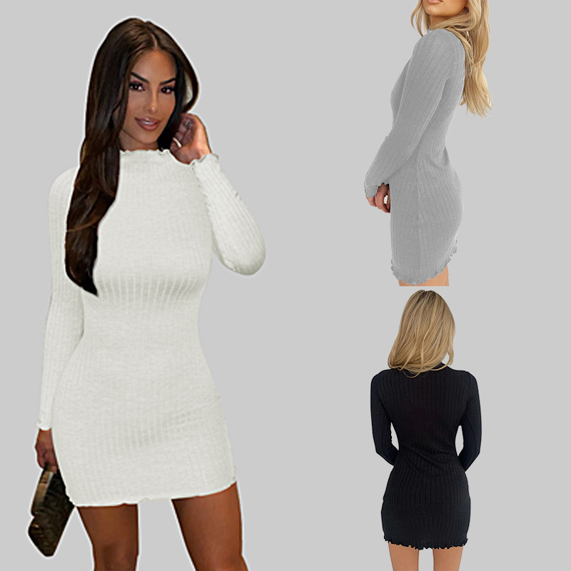 Ribbed Knit Bodycon Mini Dress with Ruffle Trim, High Neck Long Sleeve