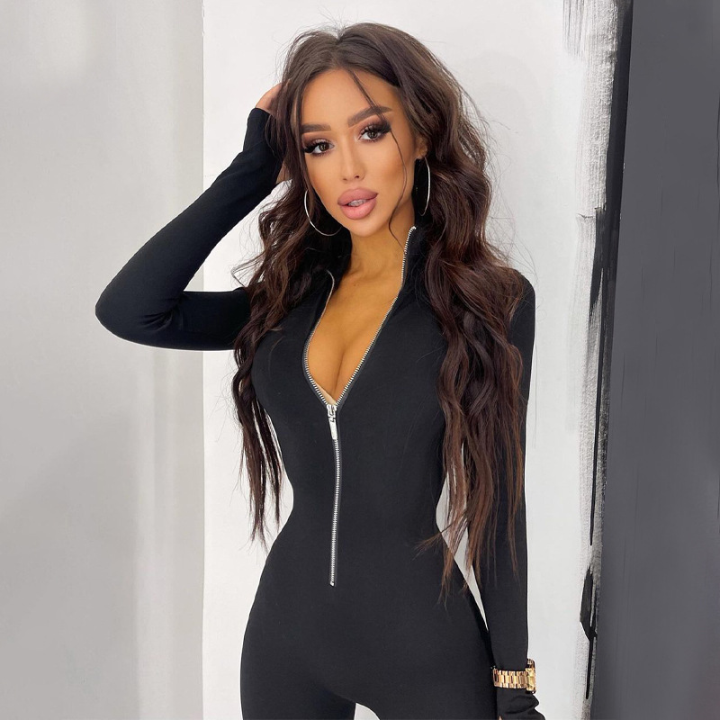 Women's Long Sleeve Metal Zip Jumpsuit